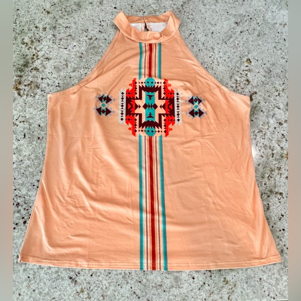Peach Sleeveless Top with Aztec Print